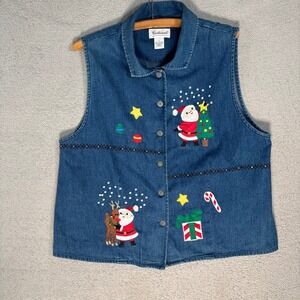 Westbound‎ Denim Christmas Vest Size L Santa Reindeer Tree Candy Cane Applique